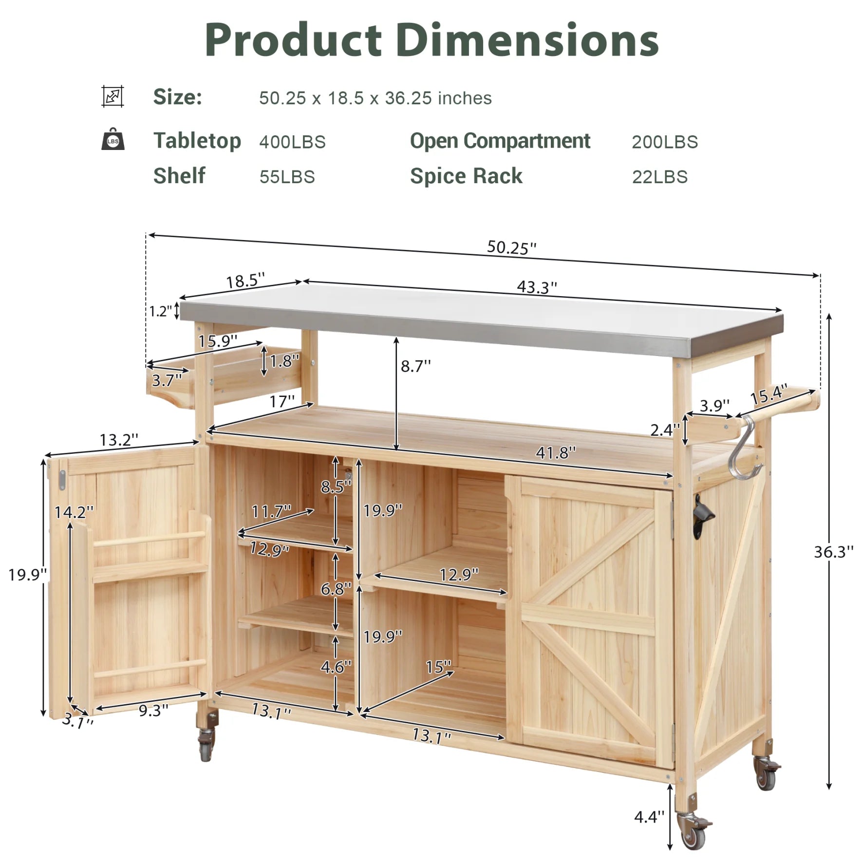 Outdoor Kitchen Island with Rolling Bar Cart and Storage Cabinet, Farmhouse Solid Wood Outdoor Grill Table with Stainless Steel Top, Spice Rack and Towel Rack for Kitchen & BBQ, Natural