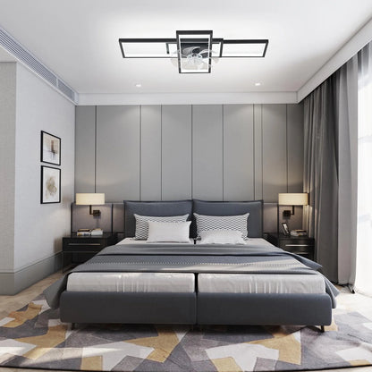 Garwarm Modern Black LED Ceiling Fan With Lights Low Profile 35" Dimmable Square with Remote Rectangle Light Fixture for Kitchen,Bathroom,Balcony,Living Room