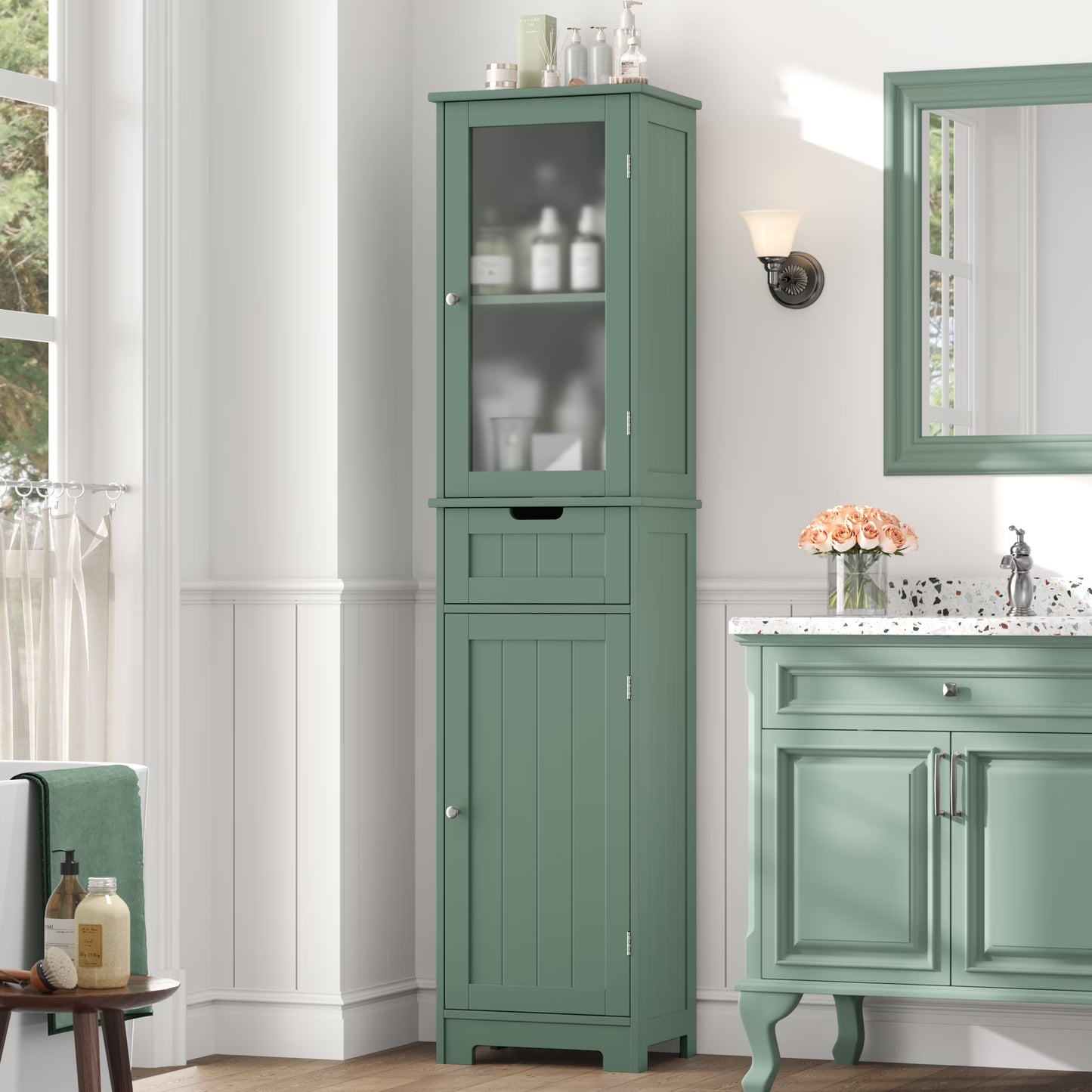 Homfa Bathroom Storage Tower, Narrow Linen Cabinet with Door and Drawers, Tall Bathroom Storage Cabinet for Small Spaces, White