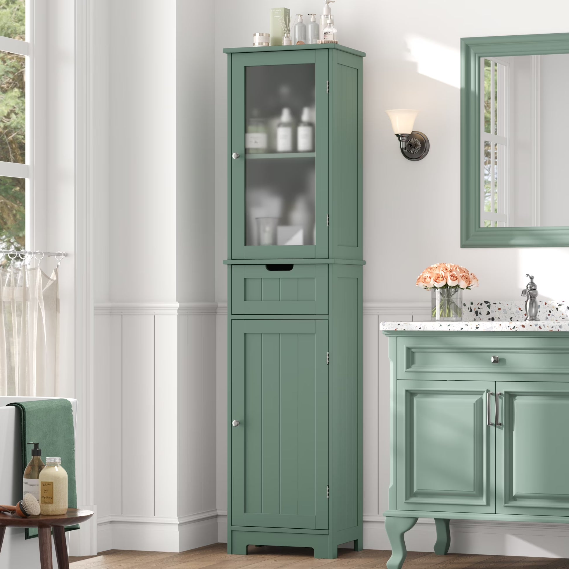Homfa Bathroom Storage Tower, Narrow Linen Cabinet with Door and Drawers, Tall Bathroom Storage Cabinet for Small Spaces, White