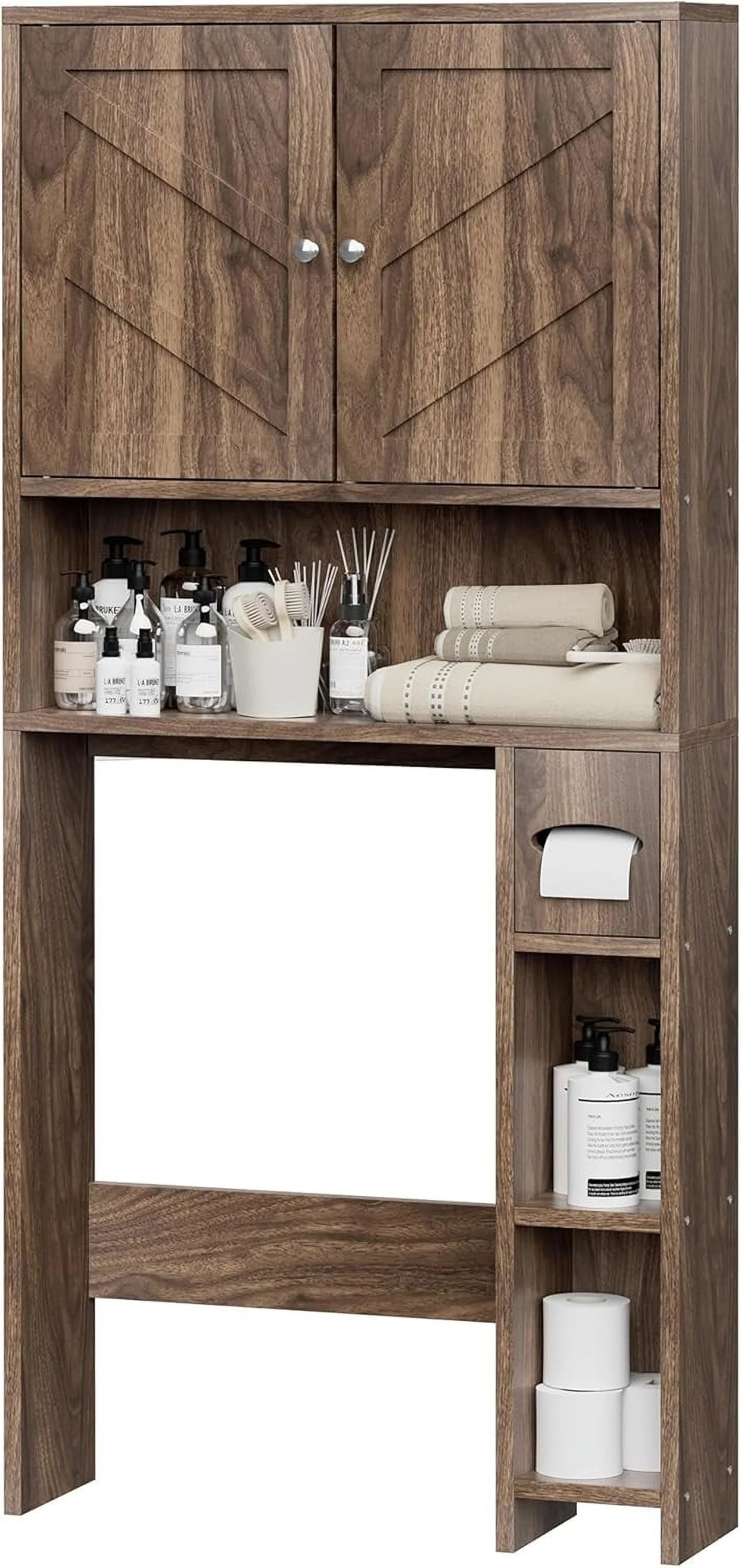 Killeryuki Over The Toilet Storage Cabinet, Farmhouse Storage Cabinet Over Toilet with Toilet Paper Holder Stand, Freestanding Bathroom Storage Organizer Space Saver W/Adjustable Shelf, Walnut