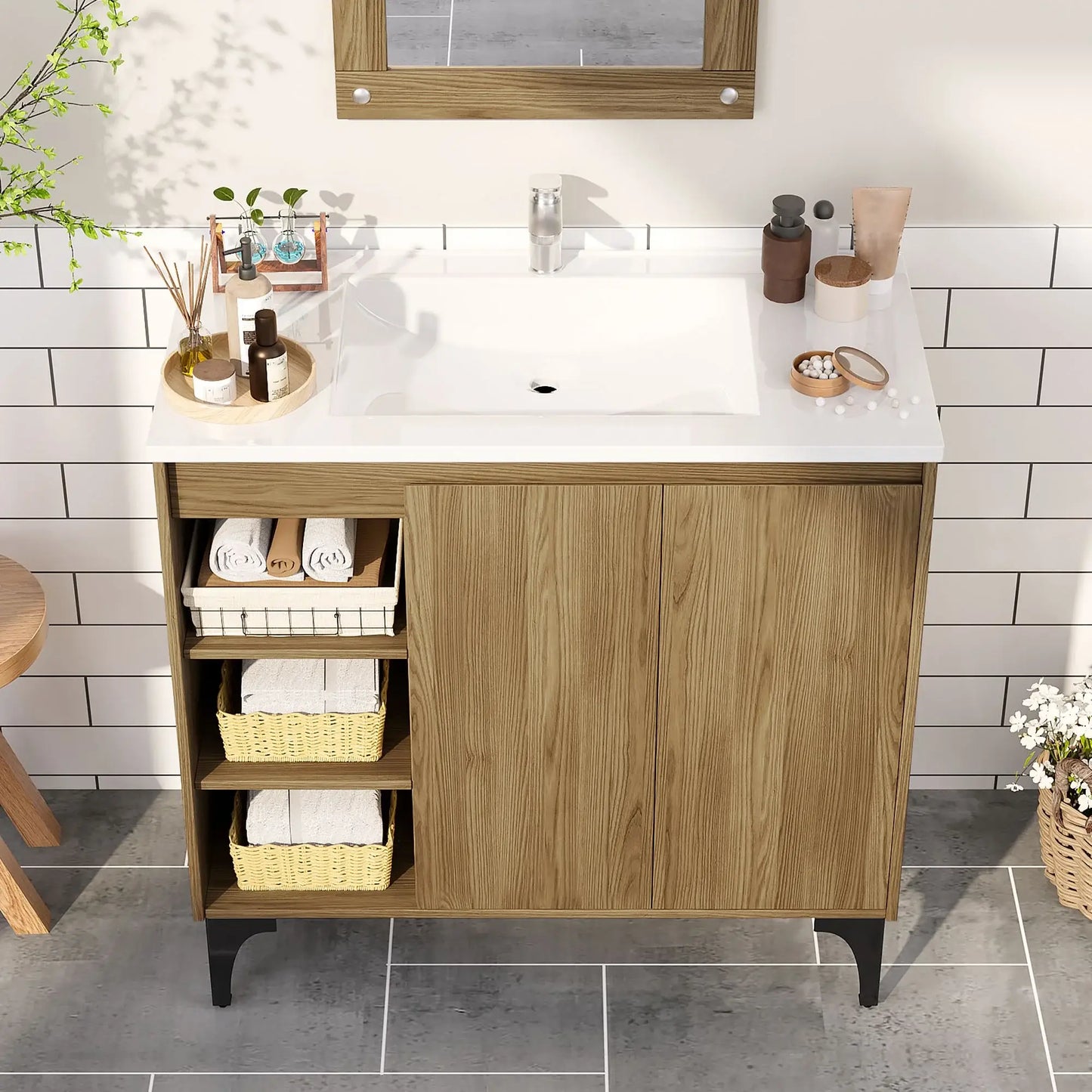 JUSTLET 36" Bathroom Vanity with Sink, Wood Bathroom Vanity Cabinet with Adjustable Shelf and Metal Legs, Bathroom Storage Cabinet with Resin Basin for Bathroom, Natural
