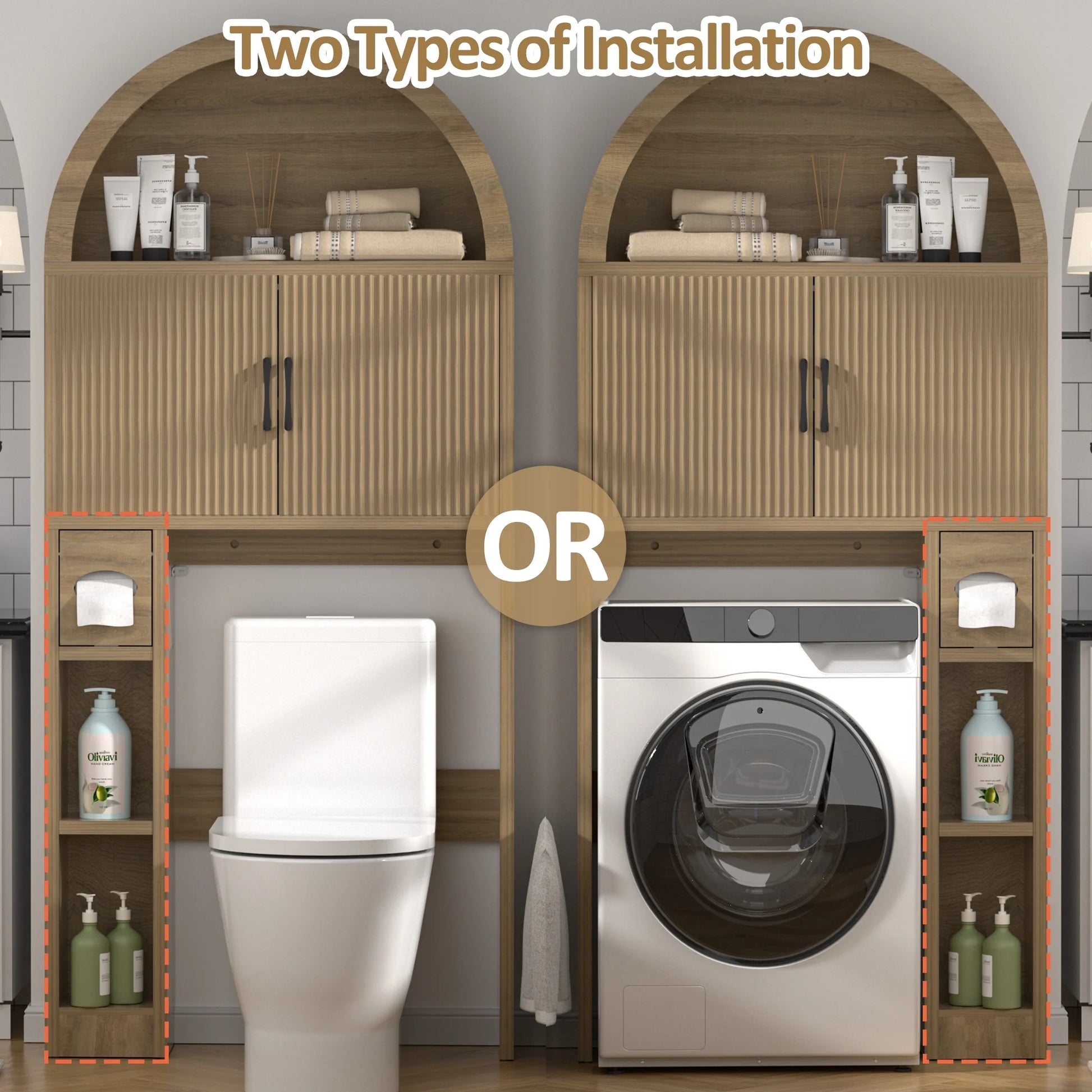 HARIPUL Over The Toilet Storage Cabinet w/Unique Wood Grain & Arc Design, Freestanding Bathroom Shelf Organizer Space Saver w/Doors & Anti-Tip Device, Wood Color