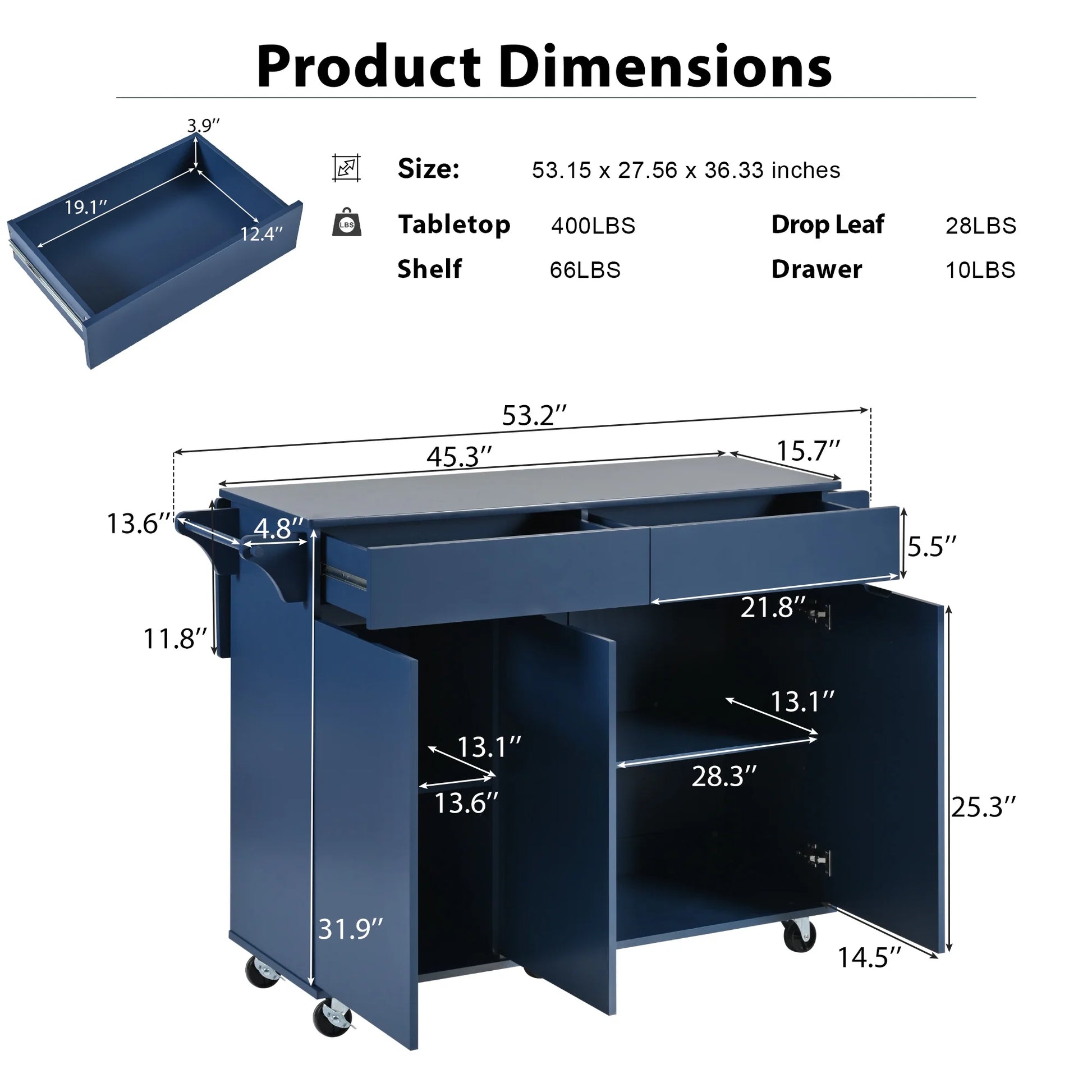 53.2'' Kitchen Island with Drop Leaf, Kitchen Storage Cart with Spice Rack, Towel Rack and 2 Drawers, Rolling Kitchen Island on Wheels with Adjustable Shelves, Navy Blue