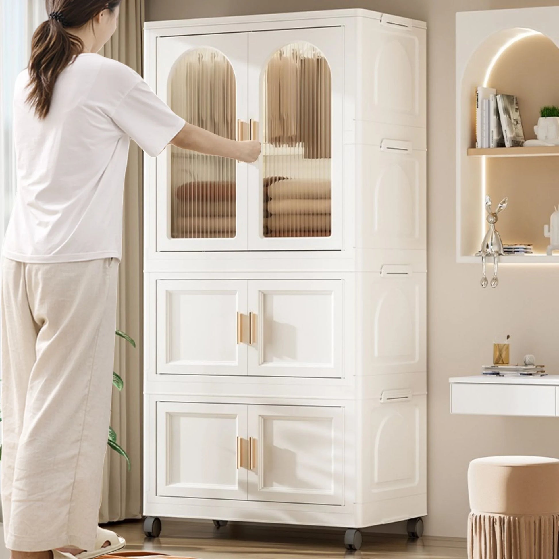 PORKISS Portable Wardrobe Closet, Folding Bedroom Armoire with Wheels, Plastic Storage Basket Can be Freely Combined (1 Layer of Wardrobe + 2 Layers of Folding Boxes+10 Hangers), Cream White-57.09"H