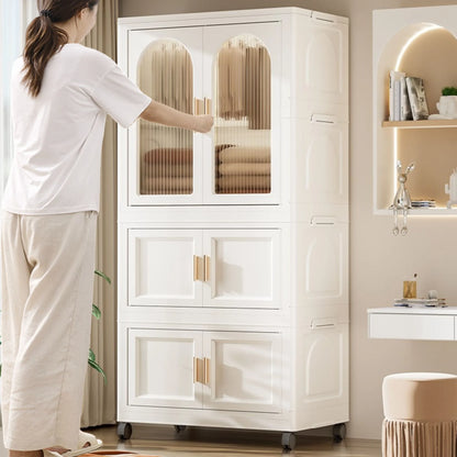 PORKISS Portable Wardrobe Closet, Folding Bedroom Armoire with Wheels, Plastic Storage Basket Can be Freely Combined (1 Layer of Wardrobe + 2 Layers of Folding Boxes+10 Hangers), Cream White-57.09"H