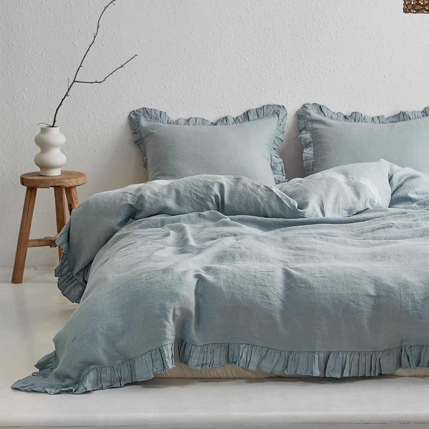 Simple& Opulence 100% Washed Linen Duvet Cover Set-3 Pieces Shabby Chic Premium Ruffled Bedding with 1 Comforter Cover and 2 Pillowshams France Flax High End Frill Sets Vintage Style(King, White)