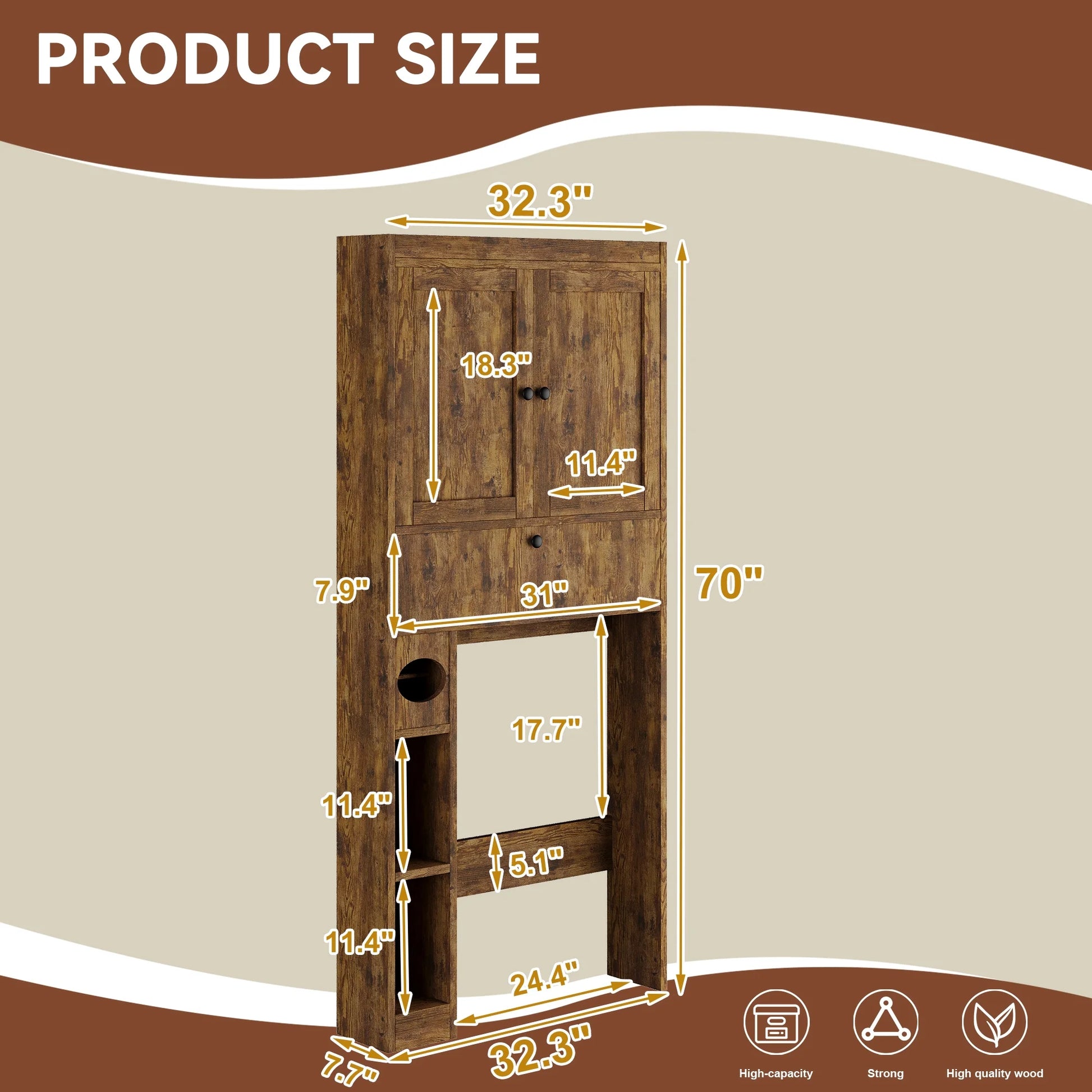 Over The Toilet Storage Cabinet,Bathroom Storage Cabinet with Wooden Doors,Bathroom Organizer Over-The-Toilet Cabinet(Distressed Brown)