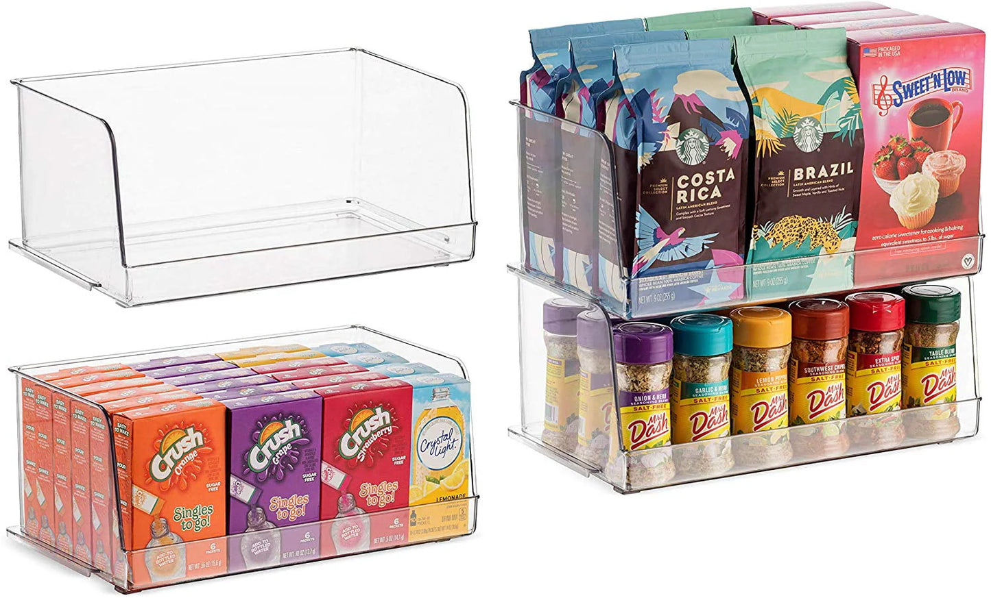 Set Of 4 Clear Pantry Organizer Bins Stackable Household Plastic Food Storage Basket with Wide Open Front for Kitchen, Countertops, Cabinets, Refrigerator, Freezer, Bedrooms, Bathrooms - 12" Wide