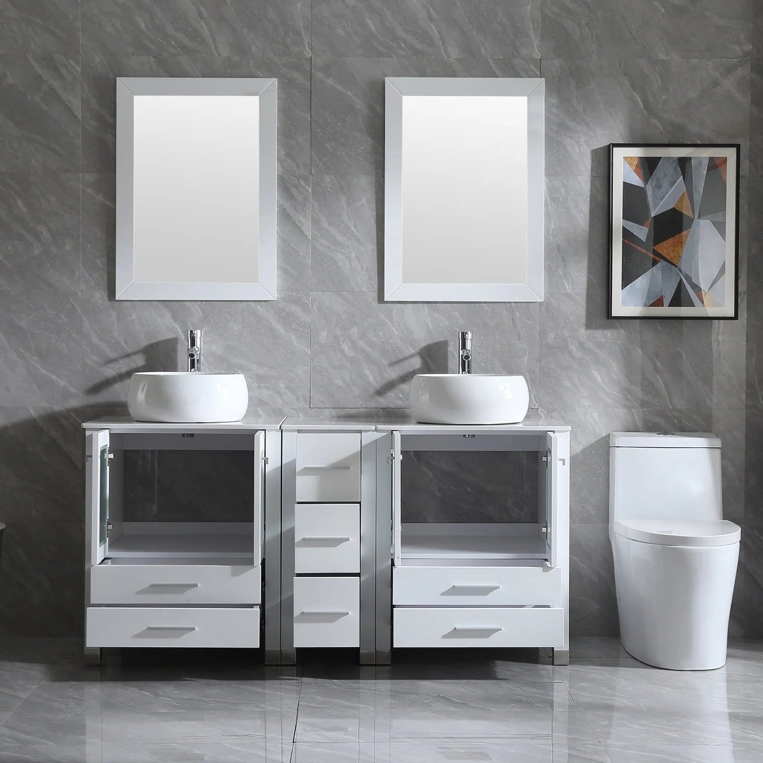 Wonline 60" Bathroom Vanity Wood Cabinet Double Ceramic Sink w/Mirror White