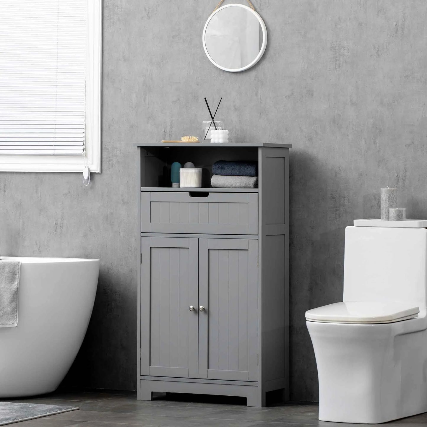 kleankin Bathroom Storage Cabinet Freestanding Bathroom Storage Organizer with Drawer and Adjustable Shelf for Living Room, Bedroom or Entryway, Grey