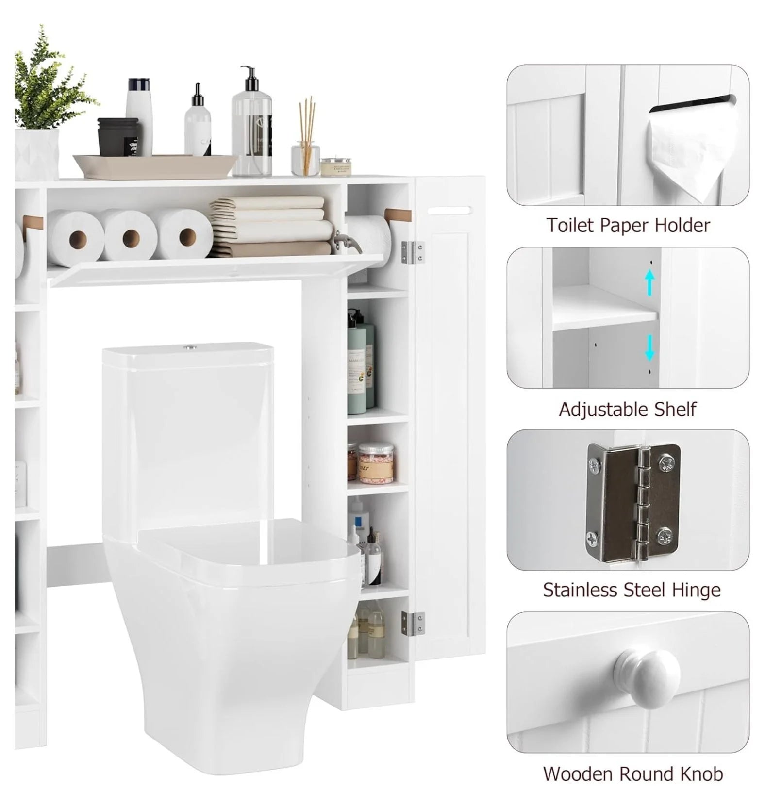 Over The Toilet Storage Cabinet, Bathroom Space Saver with Paper Holder and Adjustable Shelves, Freestanding Toilet Cabinet Organizer with 2 Side Doors and Pull-Down Door, White