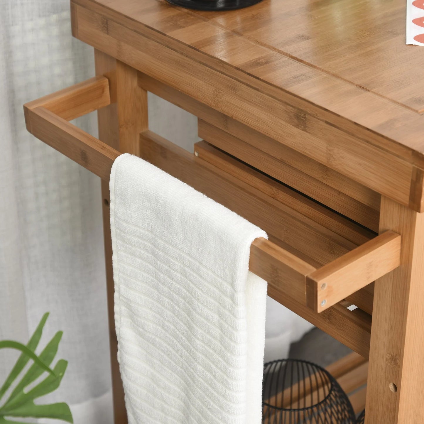 HomCom Bamboo Rolling Kitchen Island Trolley Utility Cart on Wheels, 2 Storage Drawers and Adjustable Shelving with Towel Rack