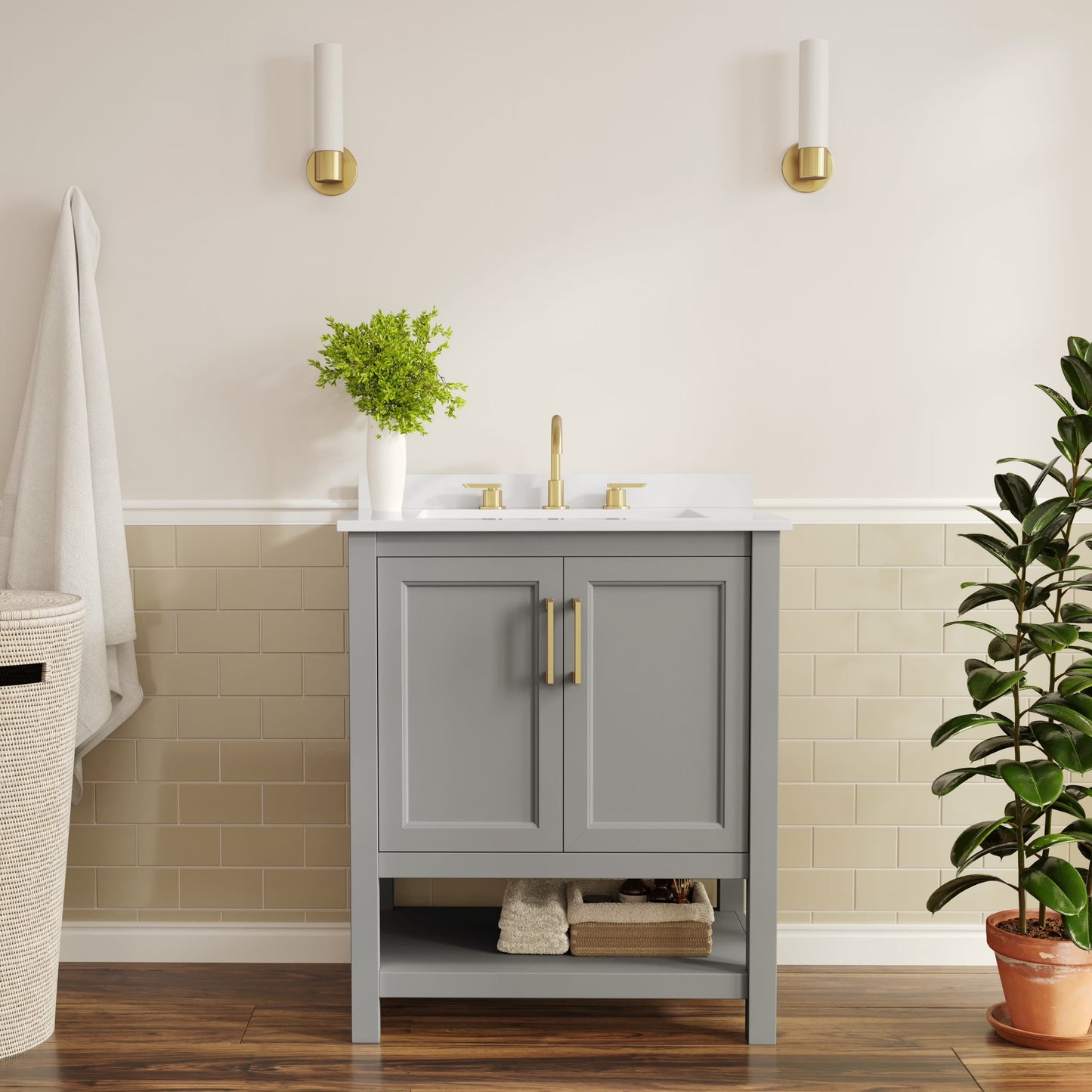BizChair 24 Inch Bathroom Vanity with Sink Combo, Storage Cabinet with Soft Close Doors and Open Shelf, Carrara Marble Finish Countertop, White/White