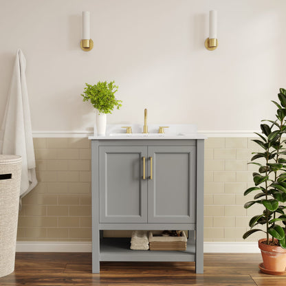 BizChair 24 Inch Bathroom Vanity with Sink Combo, Storage Cabinet with Soft Close Doors and Open Shelf, Carrara Marble Finish Countertop, White/White