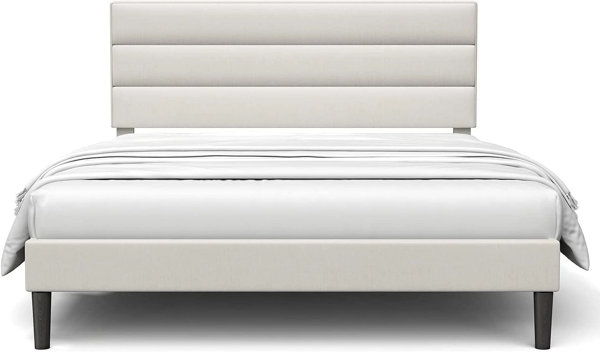 Bonsoir Queen Size Modern Horizontal Panel Upholstered Low Profile Platform Bed Frame With Tufted Headboard/No Box Spring Needed/No Bed Skirt Needed/Linen Fabric Upholstery/Beige