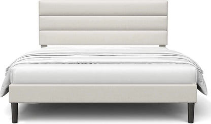 Bonsoir Queen Size Modern Horizontal Panel Upholstered Low Profile Platform Bed Frame With Tufted Headboard/No Box Spring Needed/No Bed Skirt Needed/Linen Fabric Upholstery/Beige