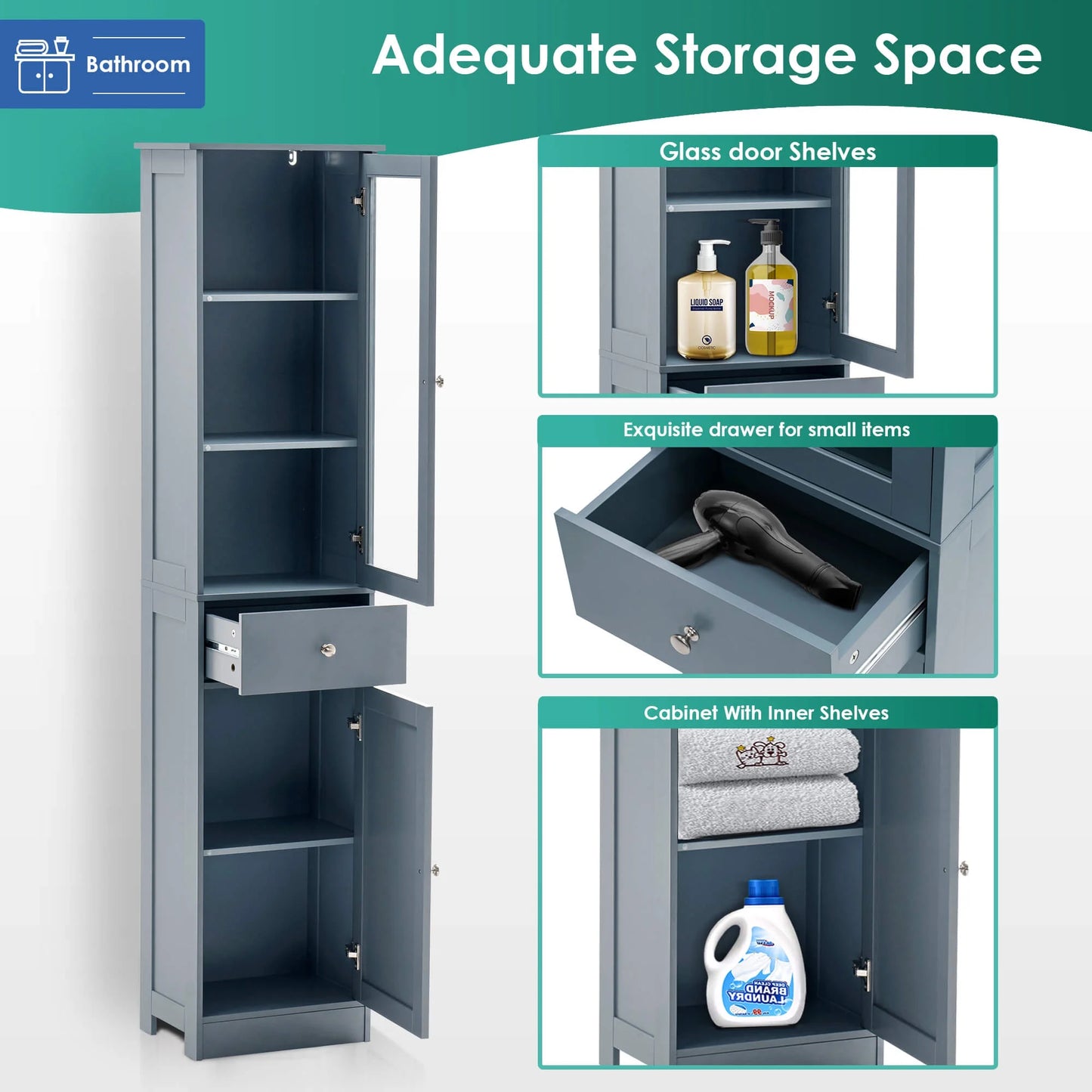 Ivinta 60.1 inch Bathroom Storage Cabinet, Floor Standing Organizer Cabinet, Slim Bathroom Tower Cabinet