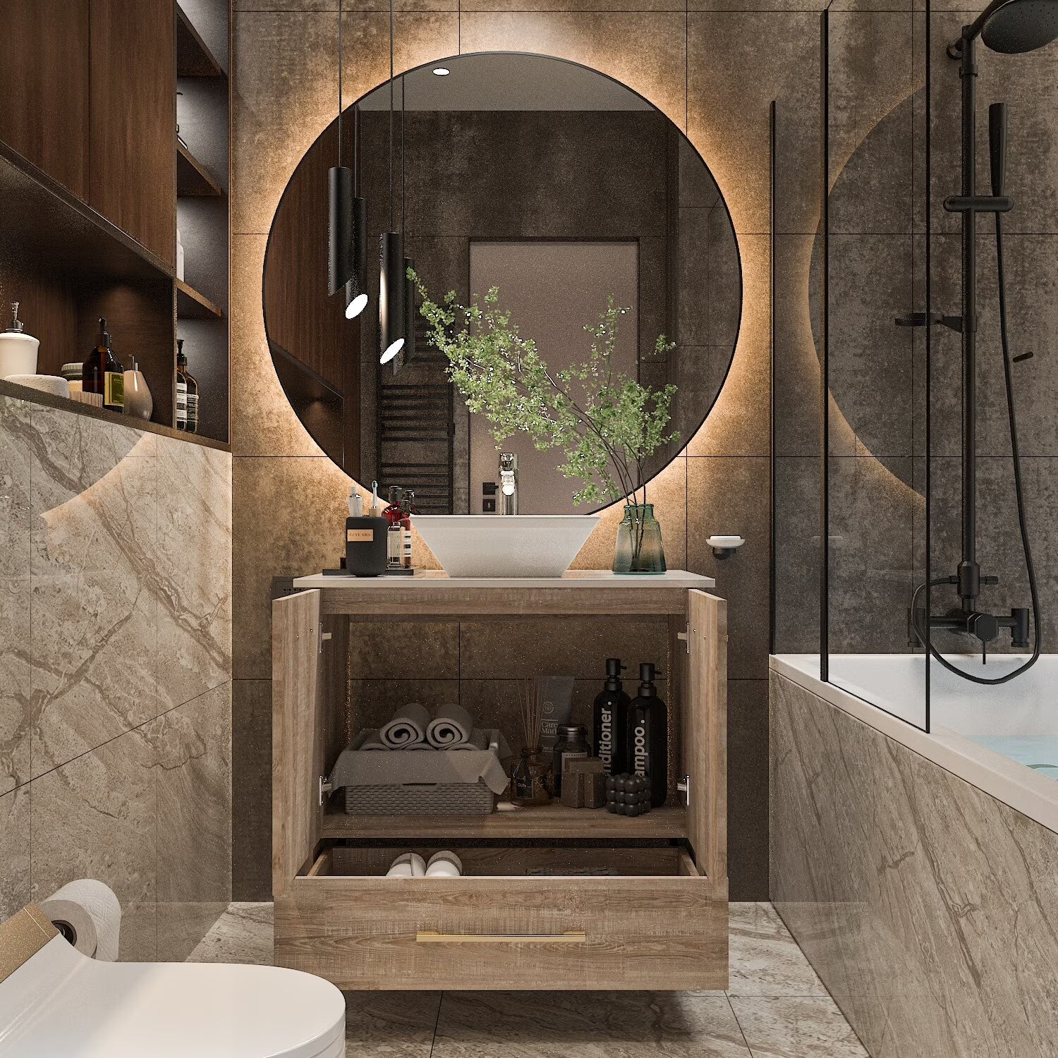 FUFU& GAGA Gleaming Vanity Set Ceramic Basin and LED Mirror Cabinet Combo Bathroom Vanity Only