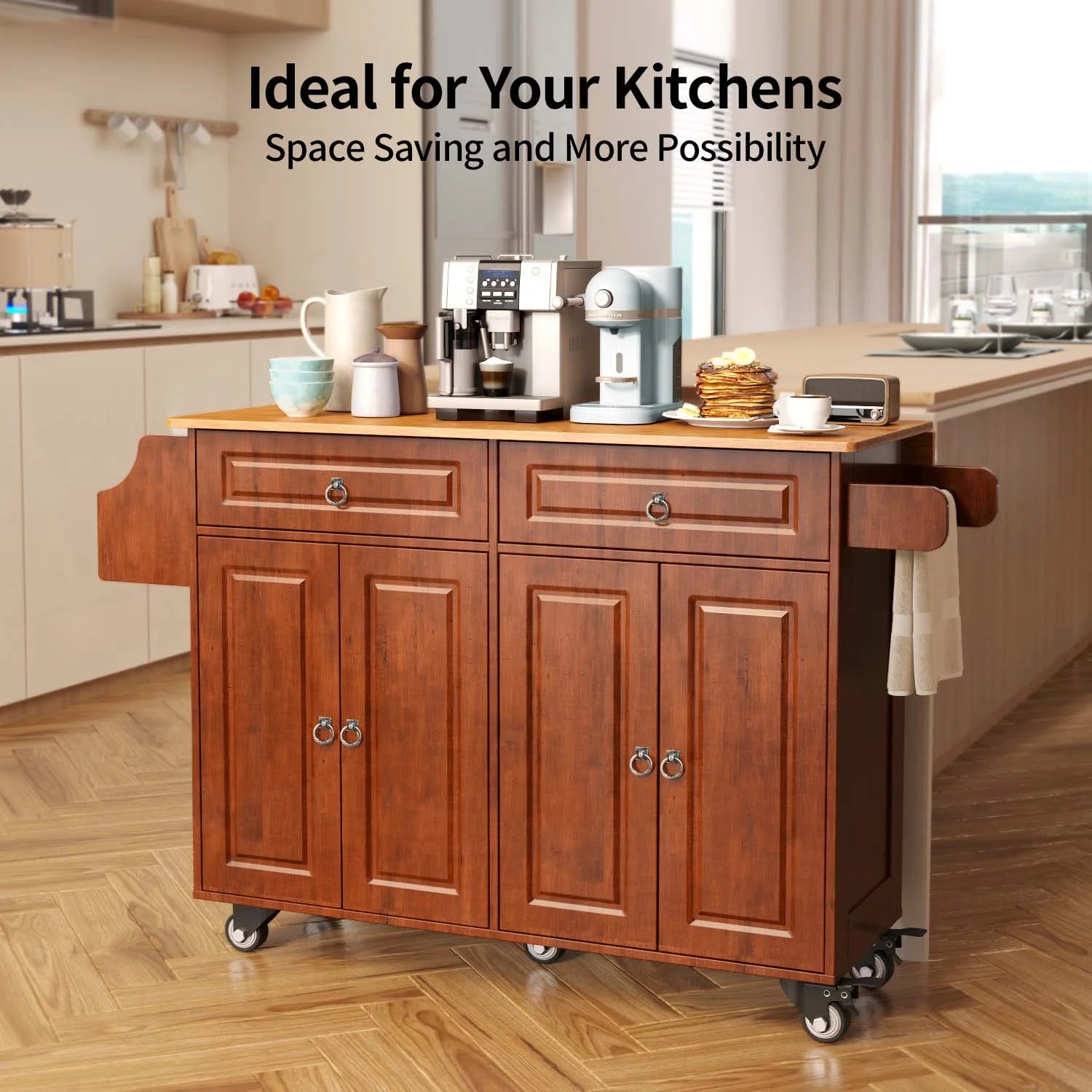 Lofka Kitchen Islands Carts with Storage, 52° kitchen Islands with 2 Storage Cabinet, Spice Rack, Towel Rack, Brown