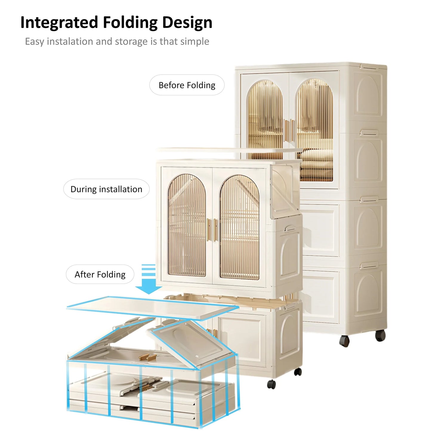 PORKISS Portable Wardrobe Closet, Folding Bedroom Armoire with Wheels, Plastic Storage Basket Can be Freely Combined (1 Layer of Wardrobe + 2 Layers of Folding Boxes+10 Hangers), Cream White-57.09"H