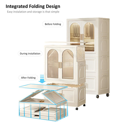 PORKISS Portable Wardrobe Closet, Folding Bedroom Armoire with Wheels, Plastic Storage Basket Can be Freely Combined (1 Layer of Wardrobe + 2 Layers of Folding Boxes+10 Hangers), Cream White-57.09"H