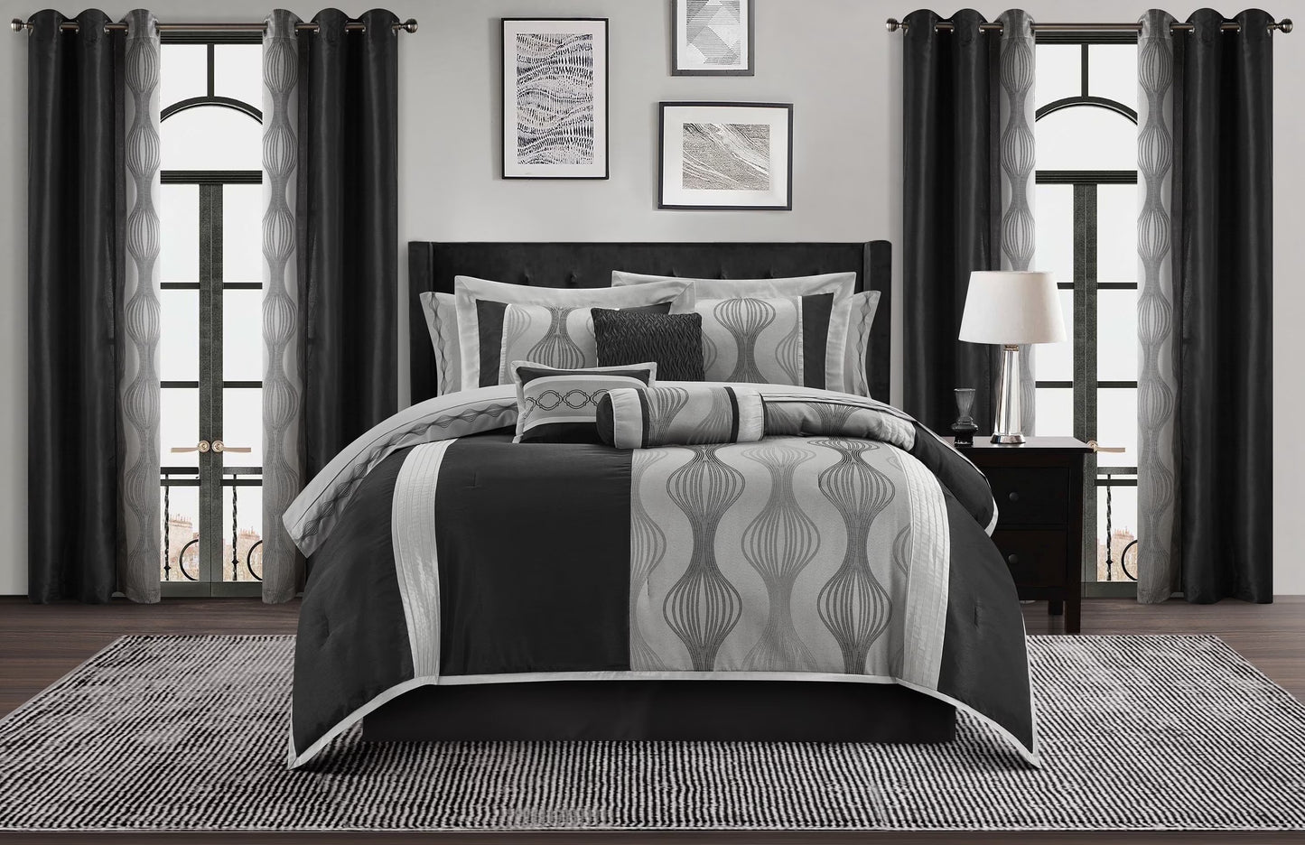 Lanco Elegant Black and Gold Comforter Set,Striped, 7 Pieces Jacquard Bedding Sets with Comforter for All Season, Bed Skirt, Pillows & Shams, Queen Size, Lightweight Microfiber