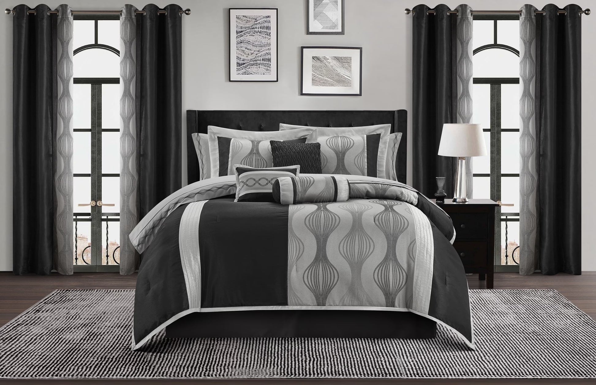 Lanco Elegant Black and Gold Comforter Set,Striped, 7 Pieces Jacquard Bedding Sets with Comforter for All Season, Bed Skirt, Pillows & Shams, Queen Size, Lightweight Microfiber