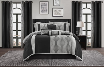 Lanco Elegant Black and Gold Comforter Set,Striped, 7 Pieces Jacquard Bedding Sets with Comforter for All Season, Bed Skirt, Pillows & Shams, Queen Size, Lightweight Microfiber