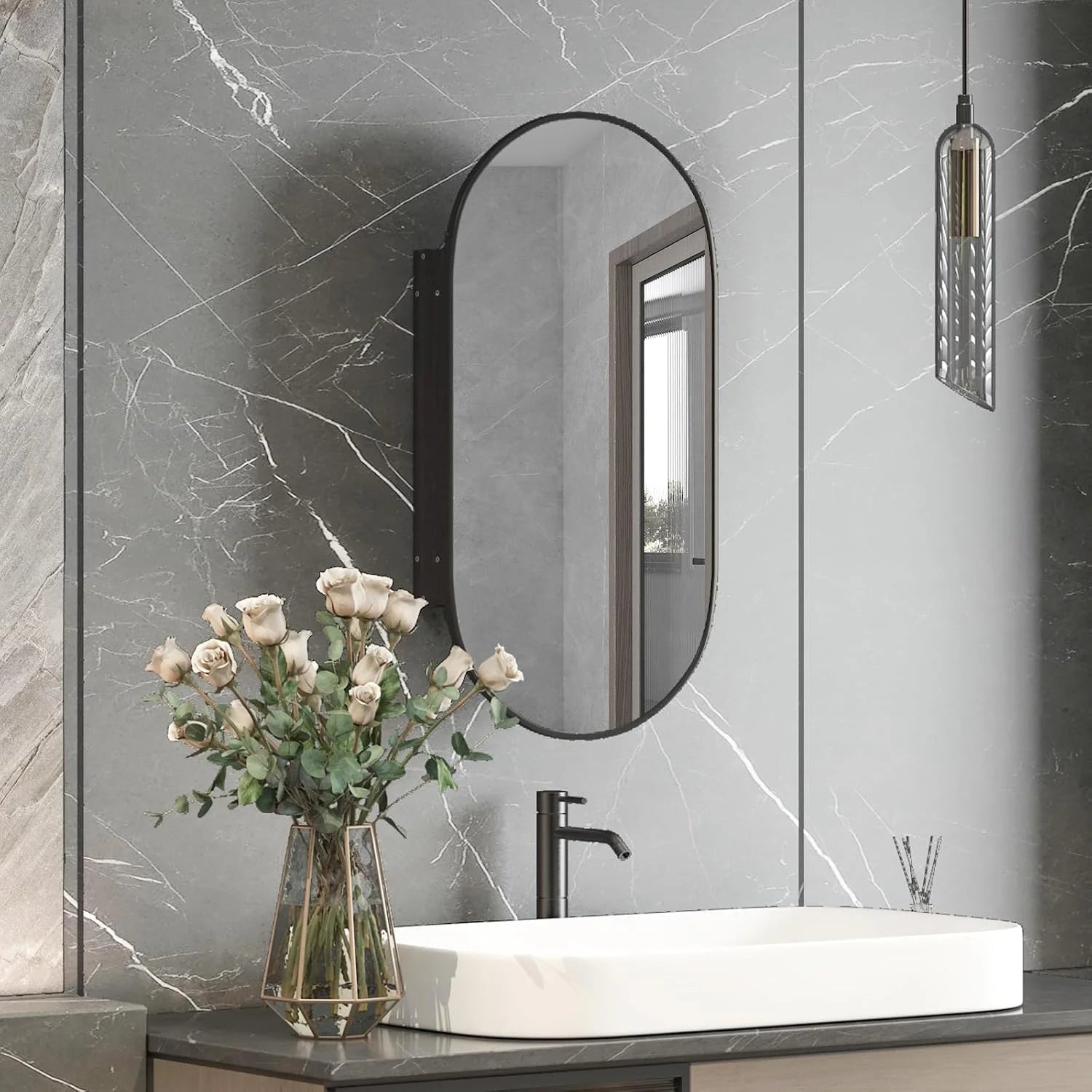 Oval Medicine Cabinet Mirror for Bathroom,Recessed Black Medicine Cabinet with Mirror, Brushed Black Mirror Cabinet with 3 Storage,Metal Edge,Wall Mounted,16x31Inch