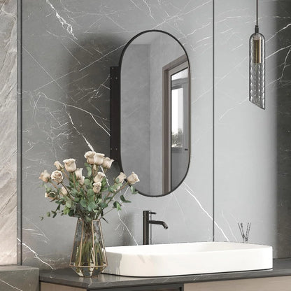 Oval Medicine Cabinet Mirror for Bathroom,Recessed Black Medicine Cabinet with Mirror, Brushed Black Mirror Cabinet with 3 Storage,Metal Edge,Wall Mounted,16x31Inch