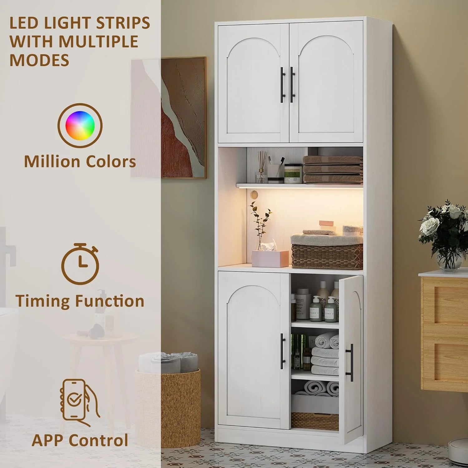 71° Tall Kitchen Pantry Storage Cabinet with Microwave Shelf and LED Light, Storage Cabinet with Door and Shelve, Hutch Cabinet with Storage for Dining Room, Living Room, Bathroom, White