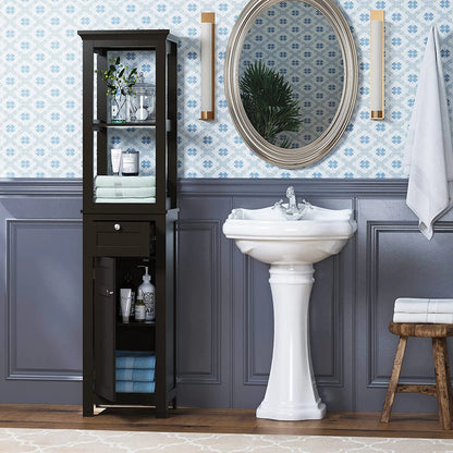 Spirich Home Bathroom Freestanding Storage Cabinet with Two Tier Open Shelves, Tall Slim Cabinet with Door and Drawer, Free Standing Linen Tower 15.75 ''(White with Drawer)