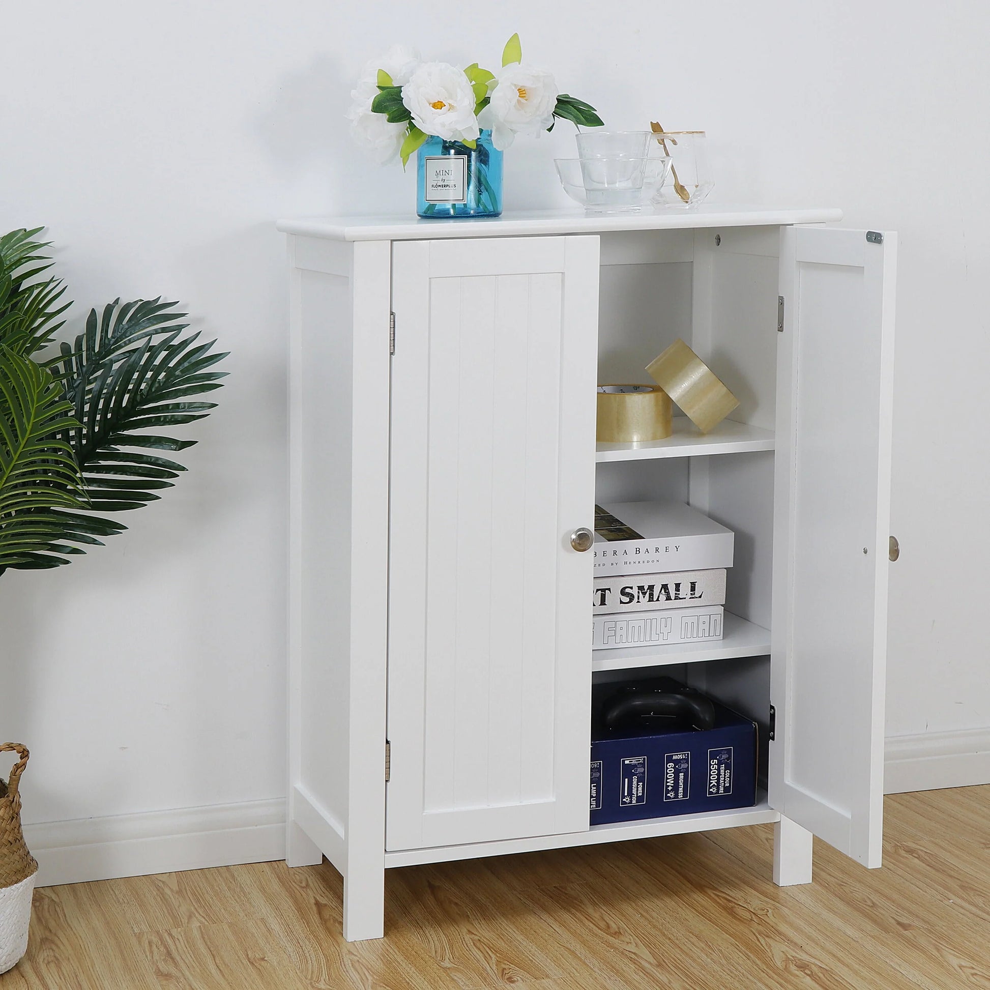 HomGarden 2-Door Bathroom Floor Storage Cabinet Side Cupboard W/Adjustable Shelves, 11.8'' W, White