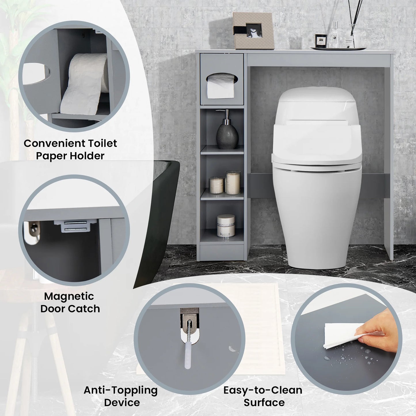 Costway Wooden Over the Toilet Storage Cabinet Bathroom Space Saver w/Paper Holder Grey