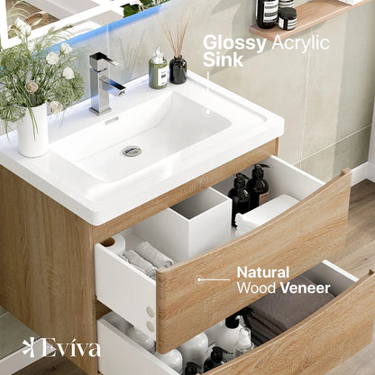 Eviva Smile 30" White Oak Wall Mount Modern Bathroom Vanity w/White Integrated Top
