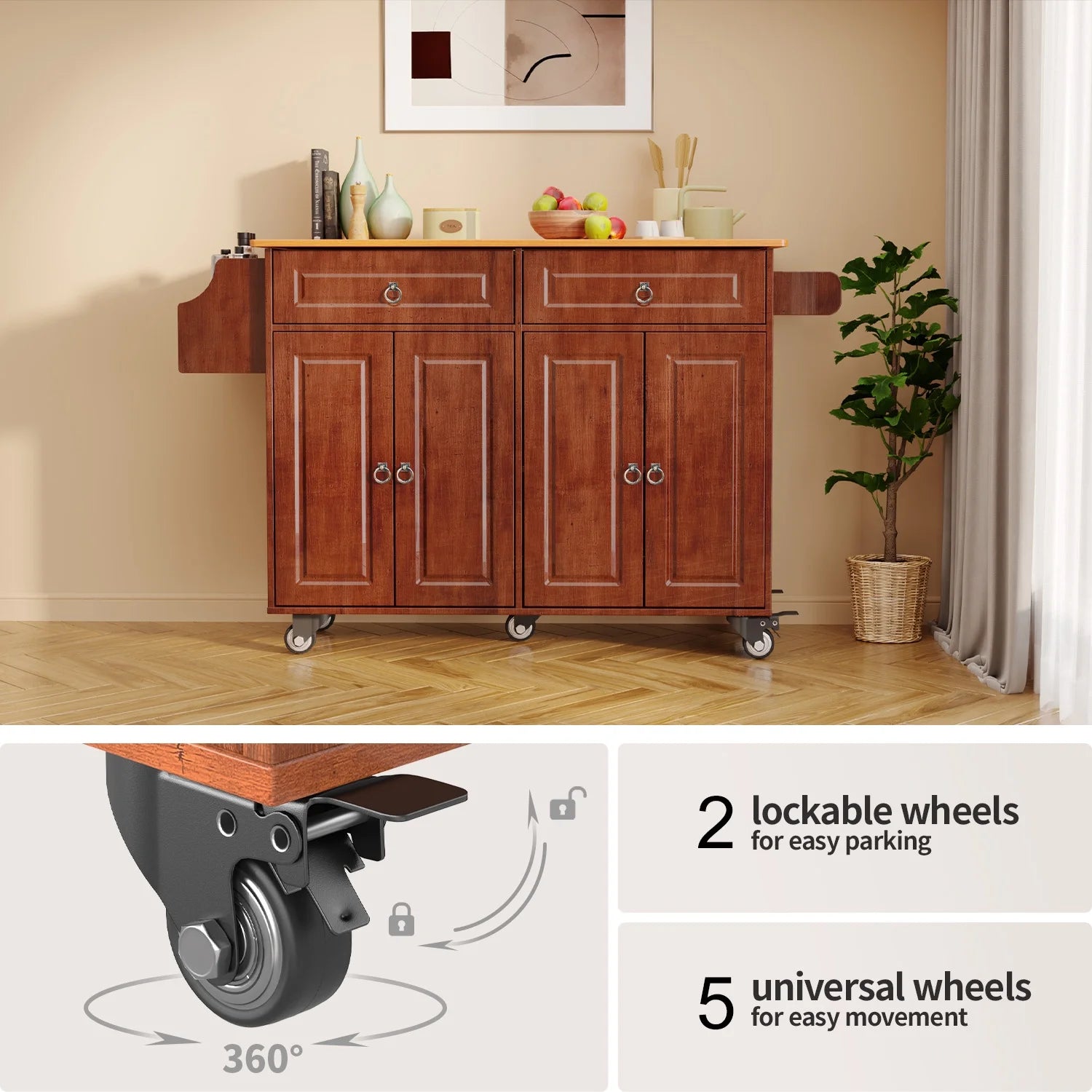 Lofka Kitchen Islands Carts with Storage, 52° kitchen Islands with 2 Storage Cabinet, Spice Rack, Towel Rack, Brown