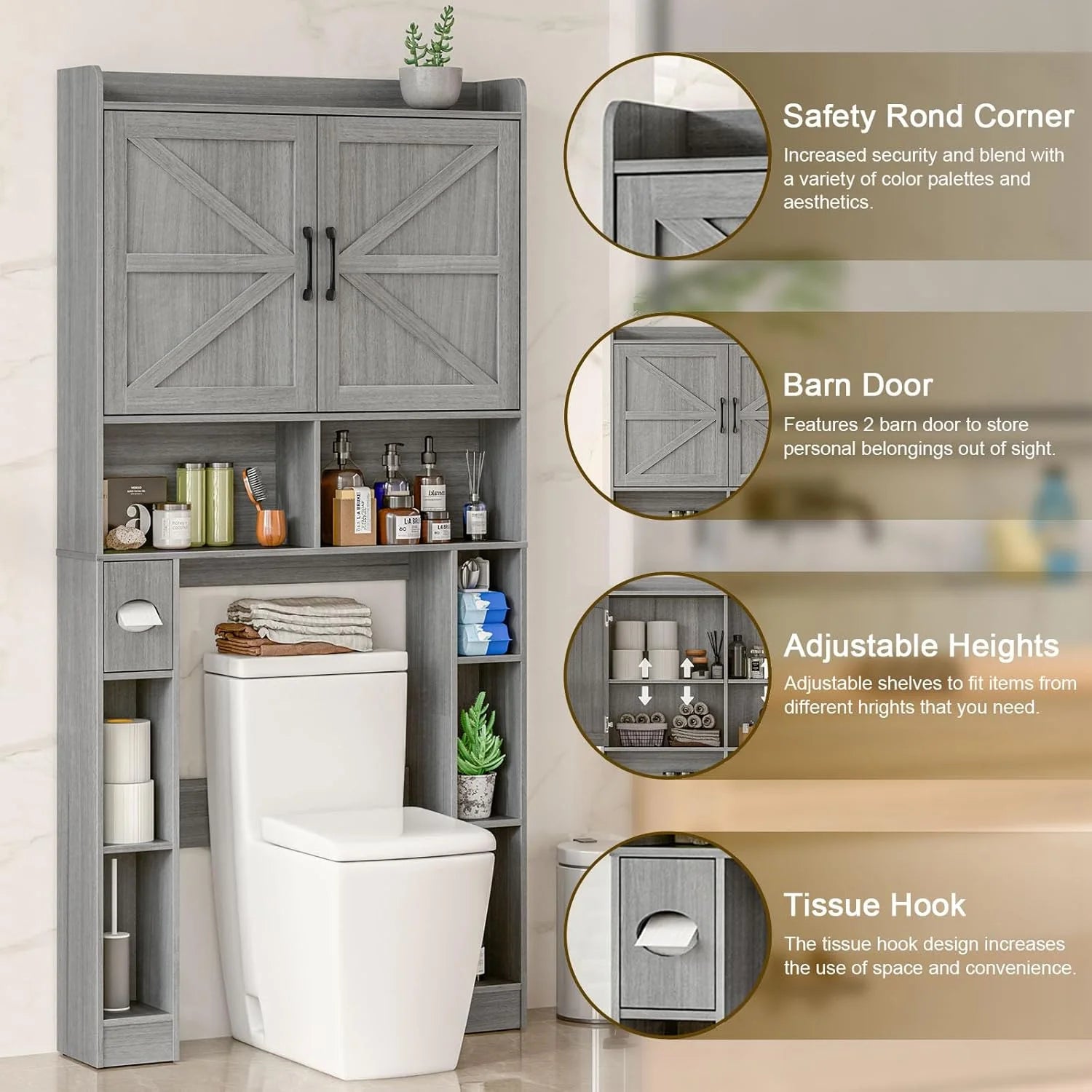 Vabches Over The Toilet Storage Cabinet with Toilet Paper Holder Stand, Above Toilet with Adjustable Shelf & 2 Doors
