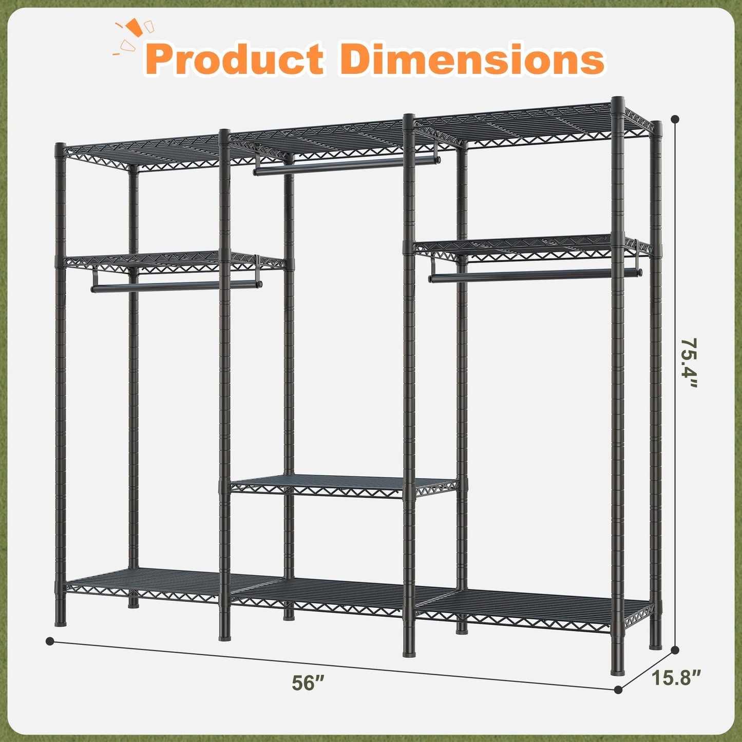 EnHomee Clothing Rack Portable Closet Organizer with 9 Shelves & 3 Rods,Heavy Duty Adjustable Wardrobe Rack 795 LBS CapacityBlack