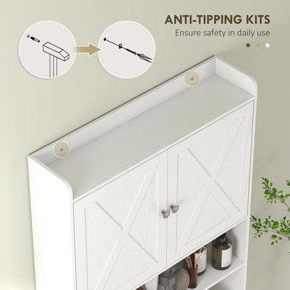 HOMCOM Over the Toilet Storage Cabinet, Farmhouse Above Toilet Bathroom Organizer with Barn Doors, Adjustable Shelf, Toilet Paper Holder, White