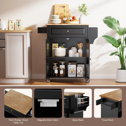 Kitchen Island with Storage on Wheels, Microwave cart with Spice Rack, Towel Rack & Drawer, Black