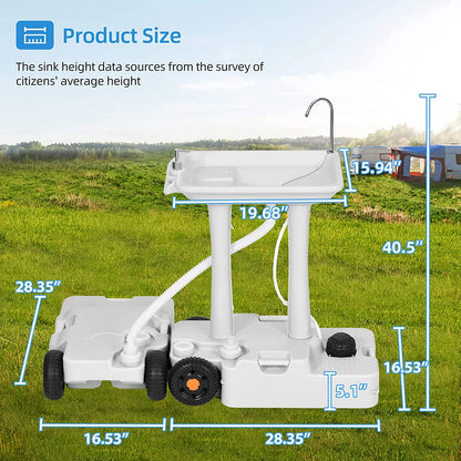 Portable Sink Camping 30 L with Rolling Wheels, Hand Washing Station with 30 L Sewage Tank, Rolling Wheels, Soap Dispenser, Towel Holder, Ideal for Outdoor, White