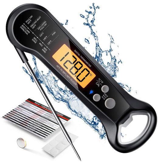 Digital Meat Thermometer with Folding Probe, IPX7 Waterproof Food Thermometer for Cooking, Instant Read Thermometer with LED Backlit Display, Bottle Cap Opener for Kitchen, BBQ, Grill