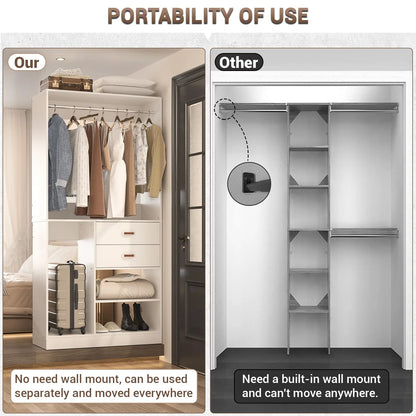 Homieasy Freestanding Closet System with Suitcase Storage, 40 Inches Stand-alone Wardrobe with 2 Wood Drawers, 80'' Height Adjustable Cloth Garment Rack, Walk-in Closet with Hanging Rod, White