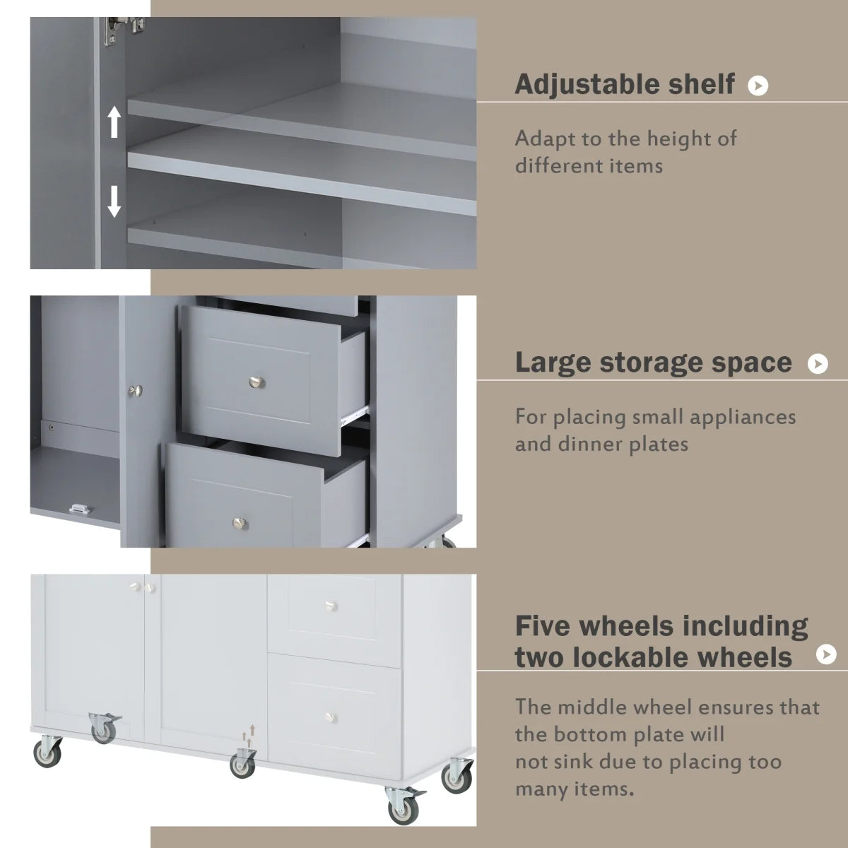 Kitchen Cart with Solid Wood Top and Drop Leaf Breakfast Bar, Rolling Mobile Kitchen Island with Storage, Spice Rack and Towel Rack, 52.7 Inch Width, Grey Blue