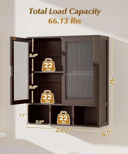 Bathroom Wall Cabinet with 2 Frosted Door,Bamboo Medicine Organizer with Open Compartment,Over The Toilet Storage Shelf Space Saver (Brown)