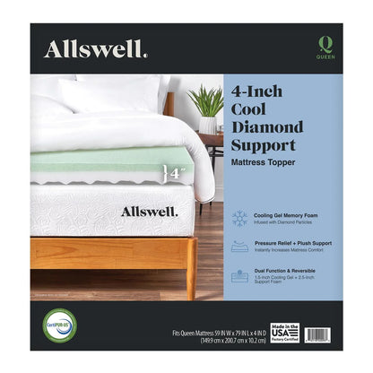 Allswell 4° Memory Foam Mattress Topper Infused with Cooling Diamond Gel, Queen