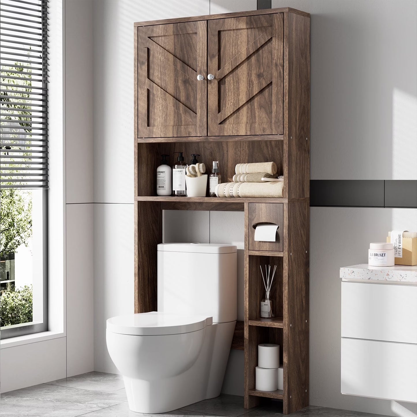 Walsunny Over the Toilet Storage Cabinet with Doors Side Storage Toilet Paper Holder Stand Space Saver Shelf Organizer Rack Freestanding for Restroom Bathroom Laundry Gray
