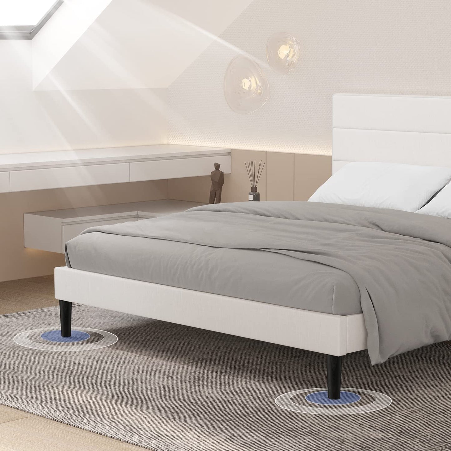 Bonsoir Queen Size Modern Horizontal Panel Upholstered Low Profile Platform Bed Frame With Tufted Headboard/No Box Spring Needed/No Bed Skirt Needed/Linen Fabric Upholstery/Beige