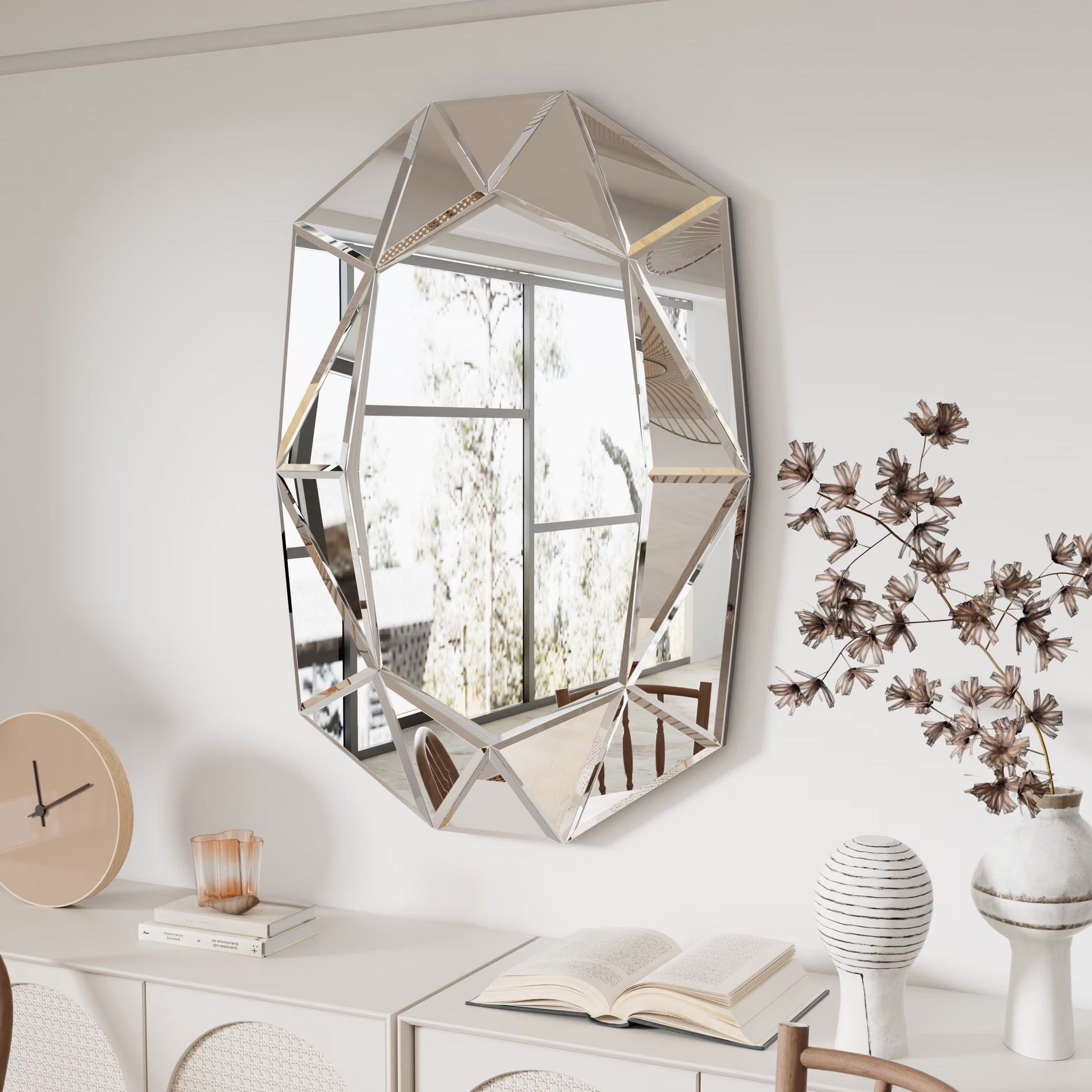 LUVODI Geometric Mirror Wall 28 x 39 inch Art Mirror Green 3D Glass Beveled for Bathroom Living Room
